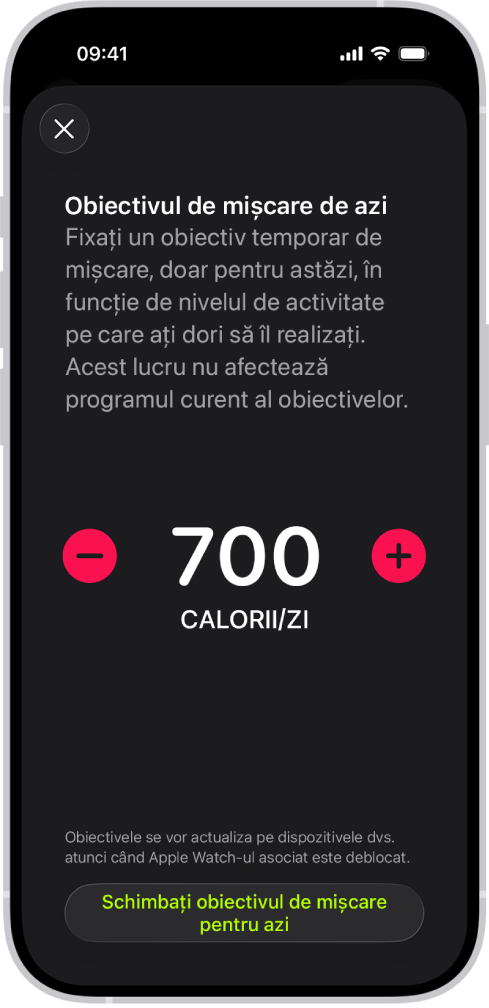 Ecranul Programul obiectivelor de mișcare din Fitness, afișând butoane pentru creșterea sau reducerea obiectivului de mișcare în funcție de ziua din săptămână.