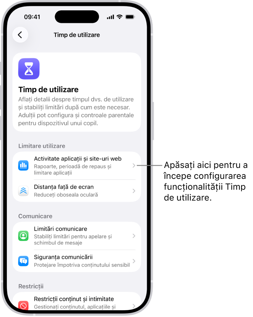 Ecranul pentru configurarea Timp de utilizare, arătând că apăsați butonul Activitate aplicații și site‑uri web pentru a începe.
