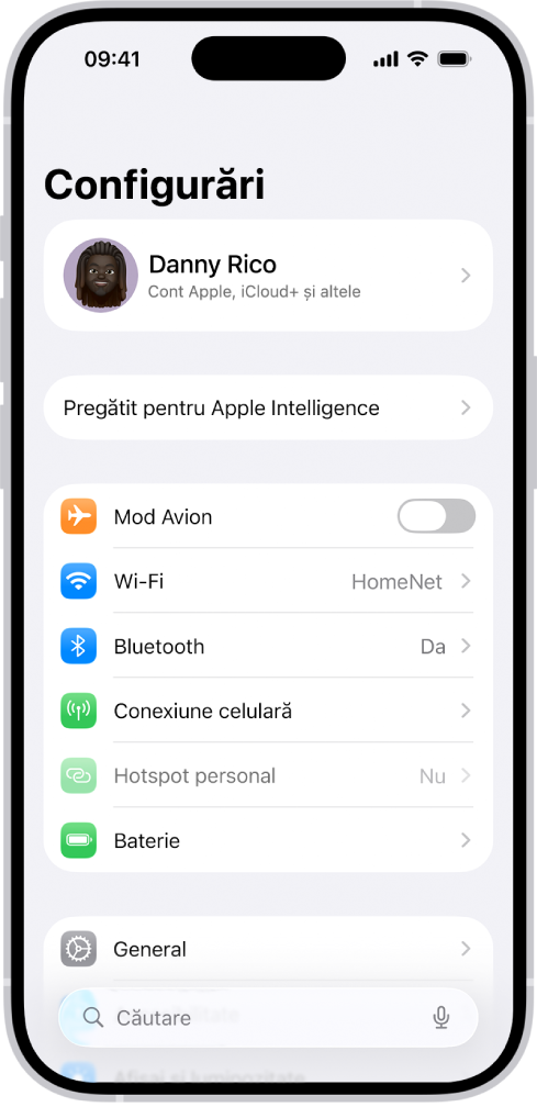 Ecranul Configurări cu câmpul de căutare în partea de sus și mai multe configurări dedesubt, inclusiv Wi-Fi, Notificări și Sunete și răspuns haptic.