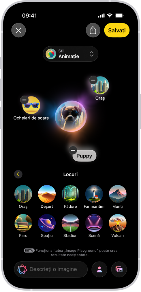 Fereastra aplicației Image Playground afișând o imagine creată a unui câine purtând ochelari de soare.