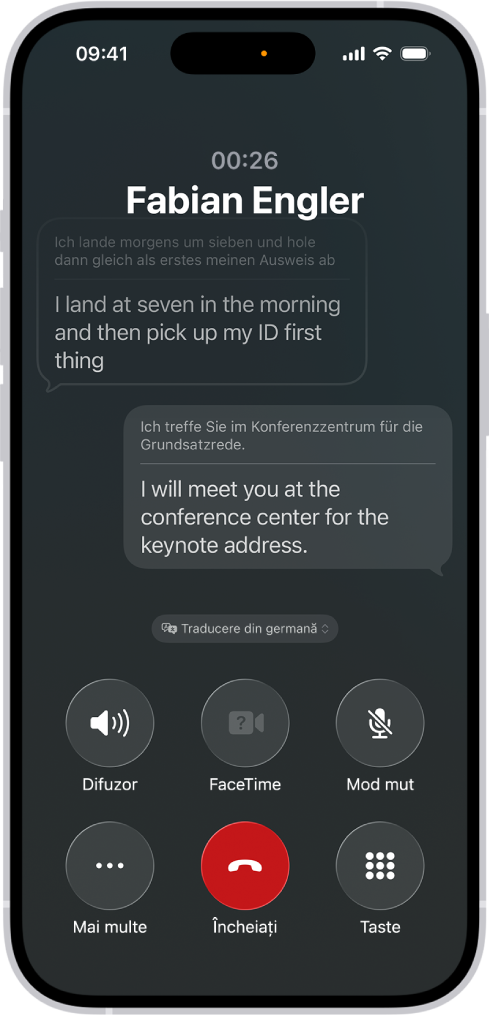 Un apel telefonic din aplicația Telefon afișând o conversație tradusă din germană în engleză.