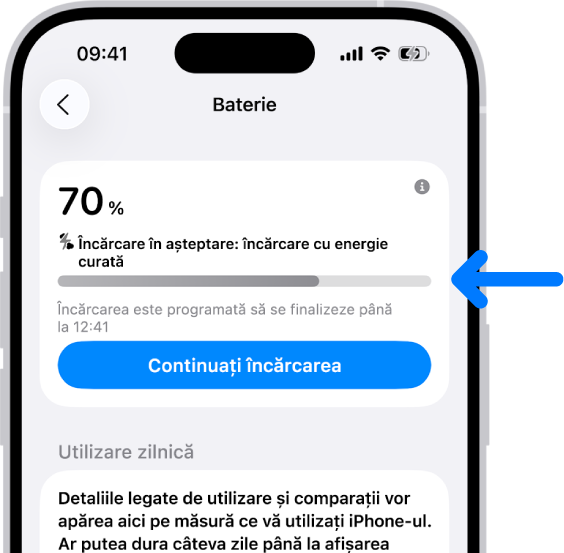 Fereastra cu informații despre încărcare în configurările Baterie iPhone. Fereastra arată bateria încărcată la 70 % cu mesajul „Încărcare în așteptare: încărcare cu energie curată”. Este programat să se încheie la 12:41 p.m., cu opțiunea „Continuați încărcarea”.