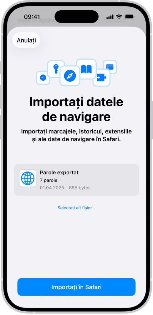 Ecranul Importați datele de navigare, afișând fișierul CSV de parole din alt gestionar de parole, care urmează să fie importat.
