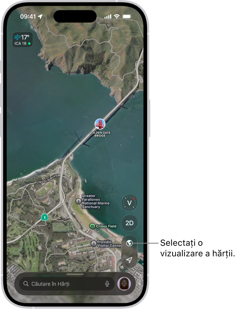 Hartă 3D a unei străzi și a unui parc, cu copaci, puncte de interes și locuri precum toalete.