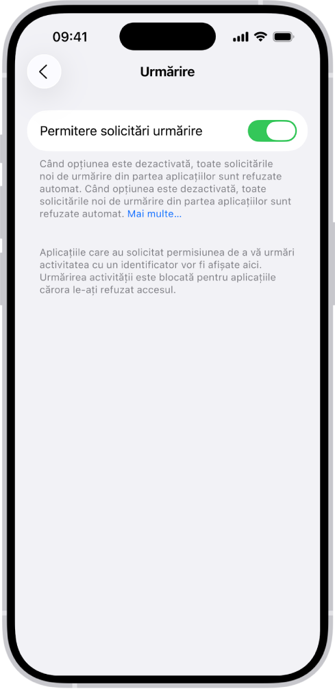 Ecranul Urmărire, cu o configurare pentru a controla dacă aplicațiile pot solicita să vă urmărească pe site-uri web sau în aplicații deținute de alte companii.
