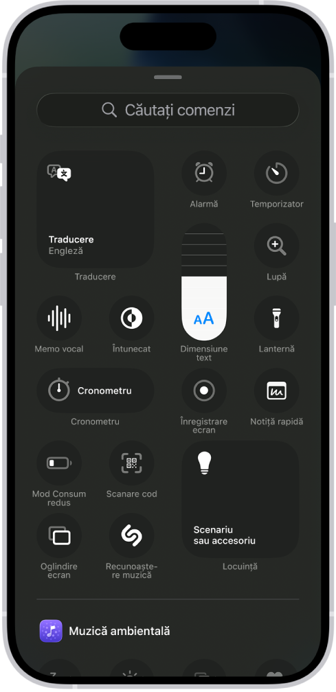Galeria de comenzi, afișând comenzile disponibile în centrul de control.