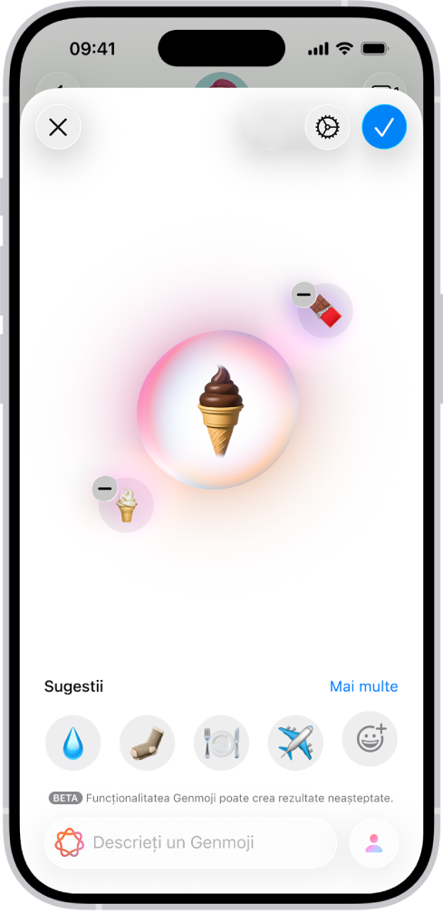 Fereastra Genmoji afișând un Genmoji creat care înfățișează o înghețată la cornet.