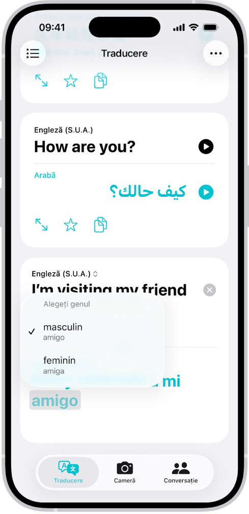 Fila Traducere, afișând o propoziție tradusă din engleză în spaniolă și un cuvânt evidențiat cu gri, cu diferite variații de gen listate mai jos.