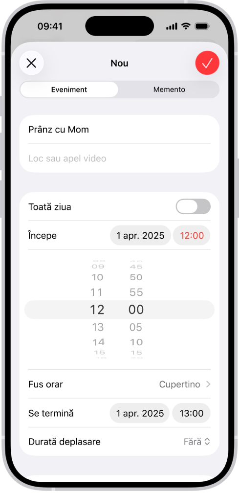 Un eveniment din calendar afișând configurări pentru ora și fusul orar al evenimentului.