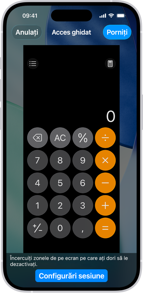 Ecranul unui iPhone afișând modul Acces ghidat în curs de configurare. iPhone-ul este blocat temporar doar în aplicația Calculator, iar unul dintre butoanele din aplicație a fost dezactivat.