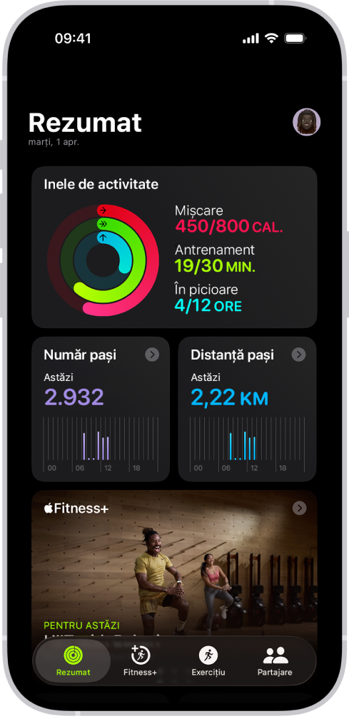 Ecranul Rezumat din aplicația Fitness afișând zonele Inele de activitate, Număr pași, Distanță pași și Apple Fitness+.