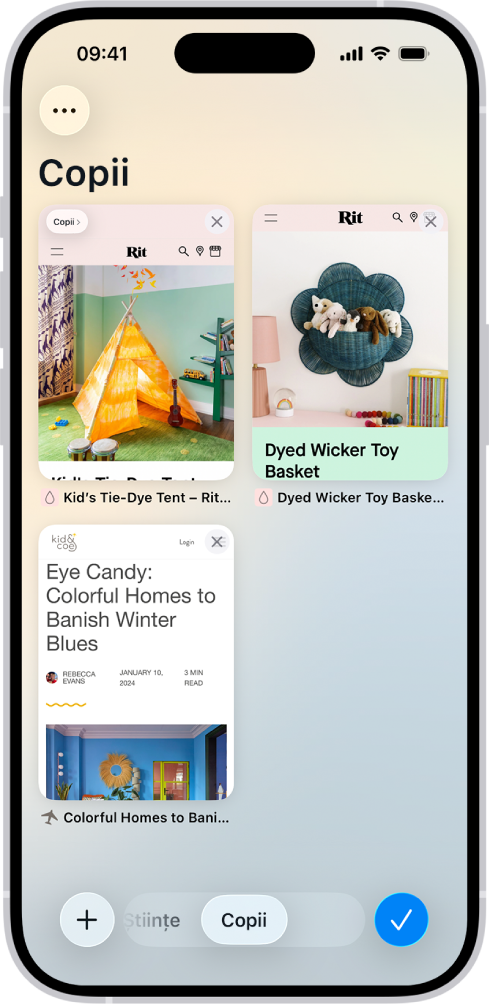 Sunt vizibile pe ecran previzualizări pentru trei file deschise dintr-un grup de file denumit Copii.