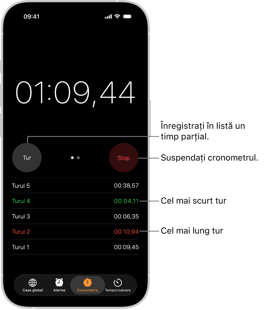 Un cronometru din aplicația Ceas afișează timpul total scurs dintr-un eveniment și sub acesta se află mai multe ture listate în cadrul evenimentului respectiv.