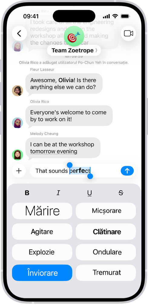 O conversație din Mesaje cu un mesaj nou selectat în câmpul de text și opțiuni de formatare și efecte afișate sub el. Textul selectat apare cu o previzualizare a efectului.