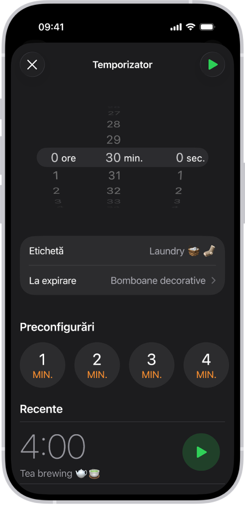 Ecran pentru adăugarea unui temporizator, cu opțiuni pentru configurarea temporizatorului și un buton pentru pornirea unui temporizator creat recent.