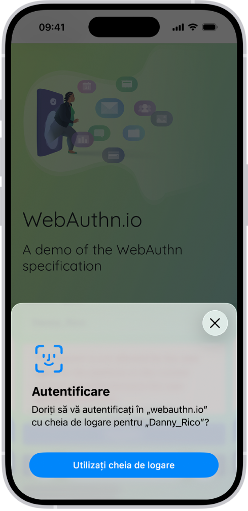 Jumătatea de jos a iPhone‑ului afișează opțiunea de a utiliza o cheie de logare pentru autentificarea pe un site web.