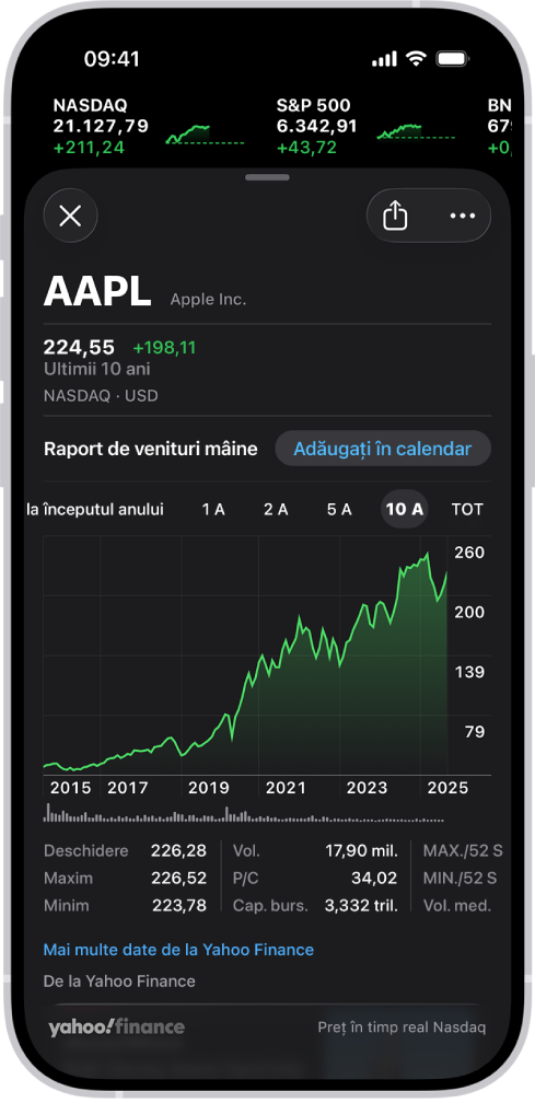 În mijlocul ecranului, un grafic afișează evoluția unei acțiuni în decurs de 10 ani. Deasupra graficului se află butoane pentru afișarea evoluției acțiunii timp de 6 luni, 1 an, 2 ani, 5 ani sau 10 ani. Sub grafic se află detaliile acțiunii, cum ar fi prețul la deschidere, cel mai ridicat, cel mai scăzut și capitalizarea bursieră.