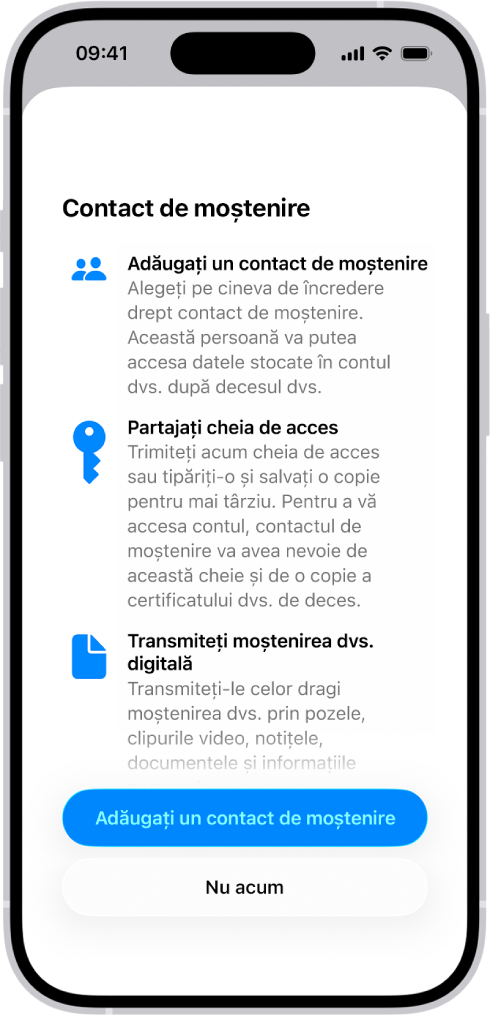 Ecranul Adăugare contact recuperare afișând contacte sugerate pentru a fi selectate drept contacte de recuperare și opțiunea de a alege o altă persoană.