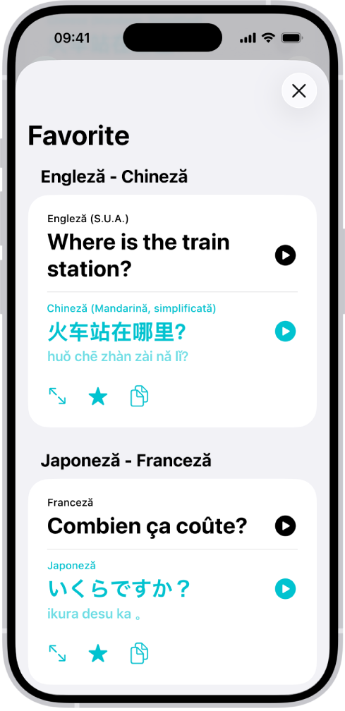 Fila Favorite, afișând propoziții salvate, traduse din engleză în chineză și din franceză în japoneză.