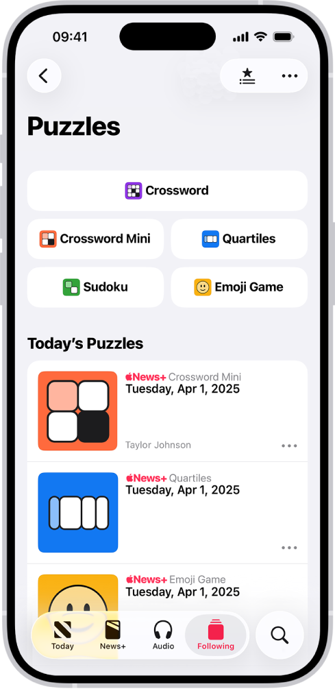 Fluxul Puzzles (Puzzle‑uri) în Apple News+.