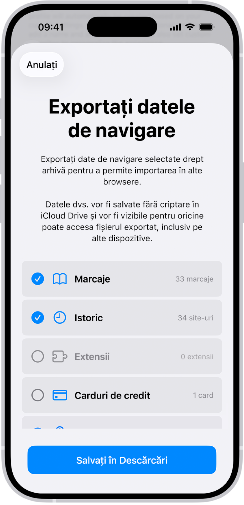 Ecranul Exportați datele de navigare, afișând datele pe care le puteți exporta din Safari în alt browser.
