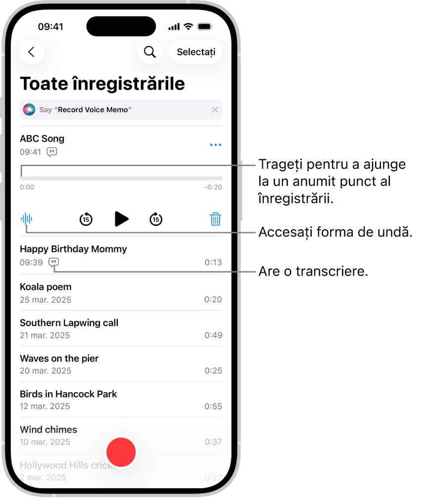 Ecranul listei Memouri vocale cu o înregistrare selectată în partea de sus. Cronologia înregistrării are un cap de redare, pe care îl puteți trage pentru a ajunge la un anumit punct al înregistrării. Comenzile de redare se află sub cronologie.