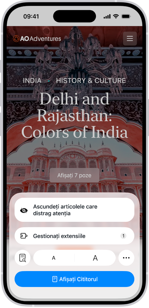 În Safari, a fost apăsat butonul „Meniu Pagină” pe un site web, afișând opțiuni, inclusiv „Gestionați extensiile” lângă partea de jos a ecranului.