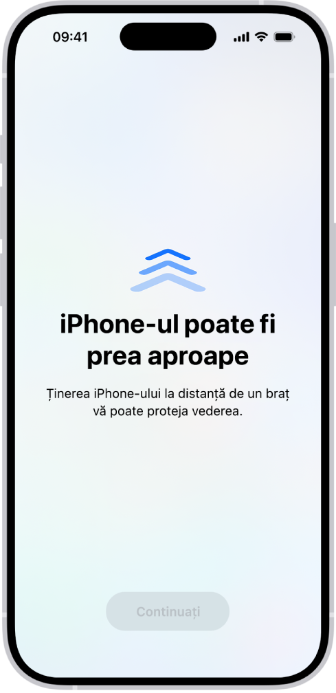 Ecran cu o avertizare potrivit căreia țineți iPhone-ul prea aproape și ar trebui să îl îndepărtați pentru a vă proteja sănătatea vederii. Avertizarea acoperă ecranul, împiedicându-vă să continuați. Există un buton Continuați care se activează atunci când țineți iPhone-ul la o distanță sigură.