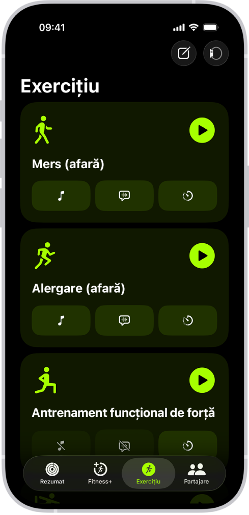Ecranul de exerciții Fitness afișând trei tipuri de exerciții. Butoanele pentru înregistrarea unui exercițiu și pentru conectarea unui monitor de ritm cardiac se află în partea de sus a ecranului.