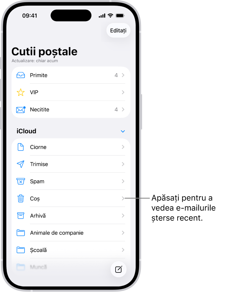 Ecranul Cutii poștale. Sub iCloud, cutiile poștale sunt listate de sus în jos, inclusiv cutia poștală Coș. Apăsați pe aceasta pentru a vedea mesajele șterse recent.