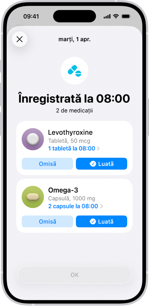 Ecranul Medicații din aplicația Sănătate afișând un jurnal pentru medicamente.