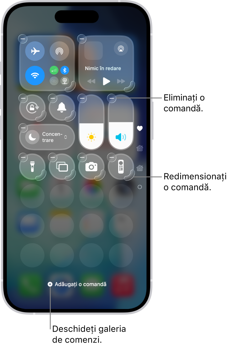 Centrul de control în curs de editare, afișând un buton Eliminați și un mâner de redimensionare pentru fiecare comandă.