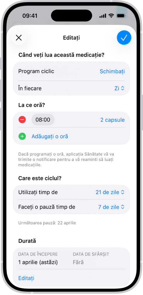 Ecranul Medicații din aplicația Sănătate afișând opțiuni pentru schimbarea programului unei medicații.