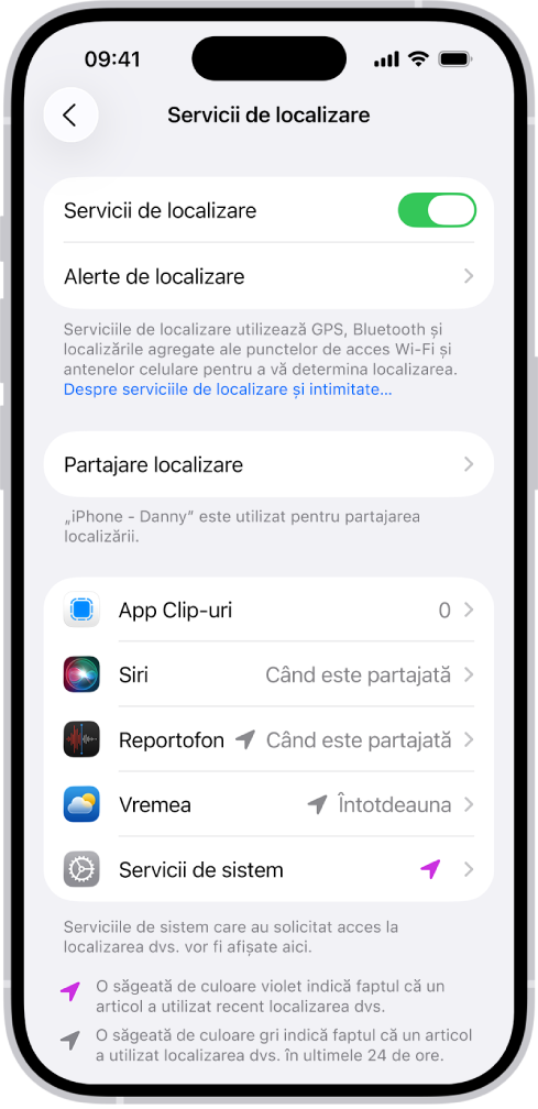 Ecranul Servicii de localizare, cu configurări pentru partajarea localizării iPhone‑ului cu aplicațiile.