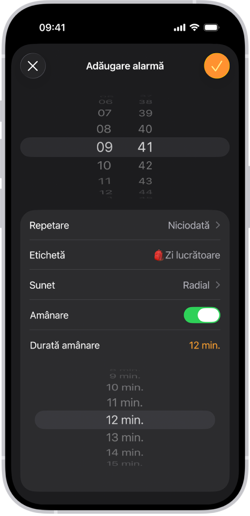 Ecranul Adăugați o alarmă din aplicația Ceas. Opțiunea Amânare este activată și Durată amânare este fixată la o durată personalizată de 12 minute.