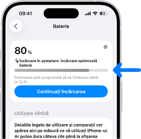 Fereastra cu informații despre încărcare în configurările Baterie iPhone. Fereastra arată bateria încărcată la 80 % cu mesajul „Încărcare în așteptare: încărcare optimizată baterie”. Este programat să se încheie la 12:41 p.m., cu opțiunea „Continuați încărcarea”.