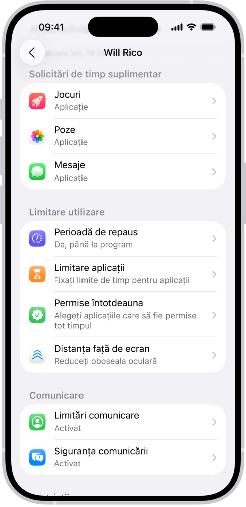 Ecranul pentru un copil dintr-un grup de Partajare familială, afișând secțiunea Solicitări de timp suplimentar.