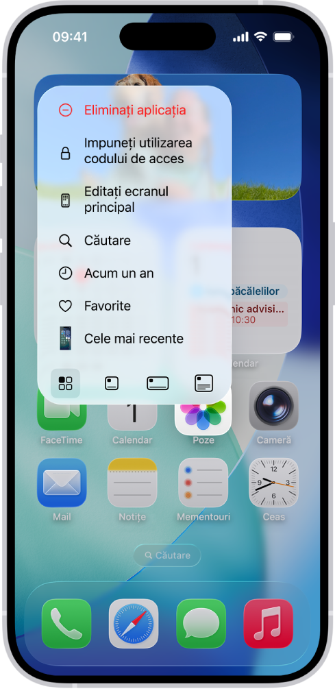 Un ecran care afișează transformarea unei aplicații în widget pe ecranul principal. Puteți ține apăsat pe pictograma unei aplicații pentru a deschide o listă de opțiuni și apoi apăsați pe pictogramele mici care reprezintă dimensiunile de widgeturi pe care le puteți alege pentru noul widget.