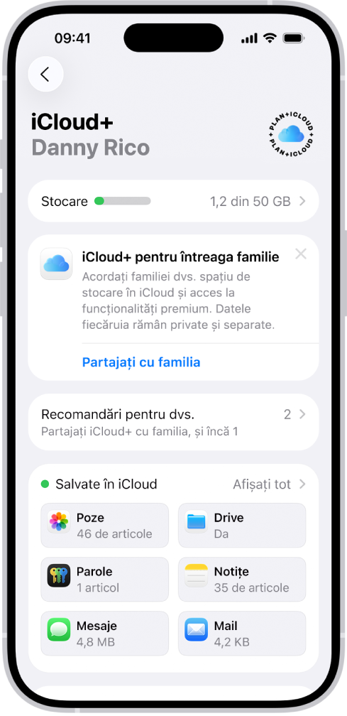 Ecranul de configurări iCloud afișând contorul de stocare iCloud și o listă de funcționalități, inclusiv Poze, iCloud Drive și Backup iCloud ce pot fi utilizate cu iCloud.