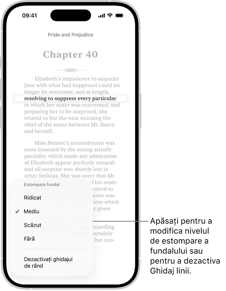 O pagină dintr-o carte în aplicația Cărți. O singură linie de text este evidențiată, iar restul textului este estompat. În colțul din stânga sus al ecranului se află Meniul Ghidaj linii.