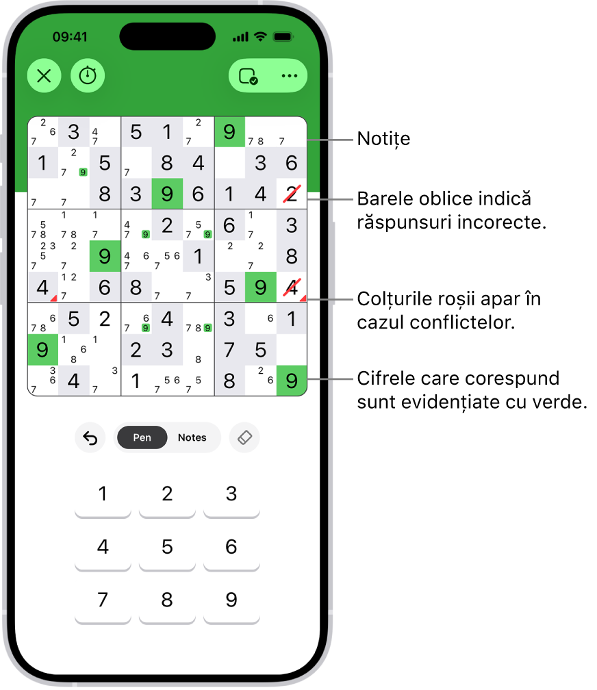 Un puzzle sudoku cu mai multe funcționalități activate: Notes (Notițe), Highlight Matching Numbers (Evidențiere numere corespunzătoare), Show Conflicts (Afișare conflicte) și Autocheck (Auto-verificare).