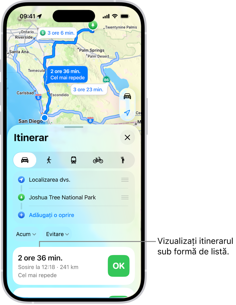 O fișă cu mai multe opțiuni de rute.