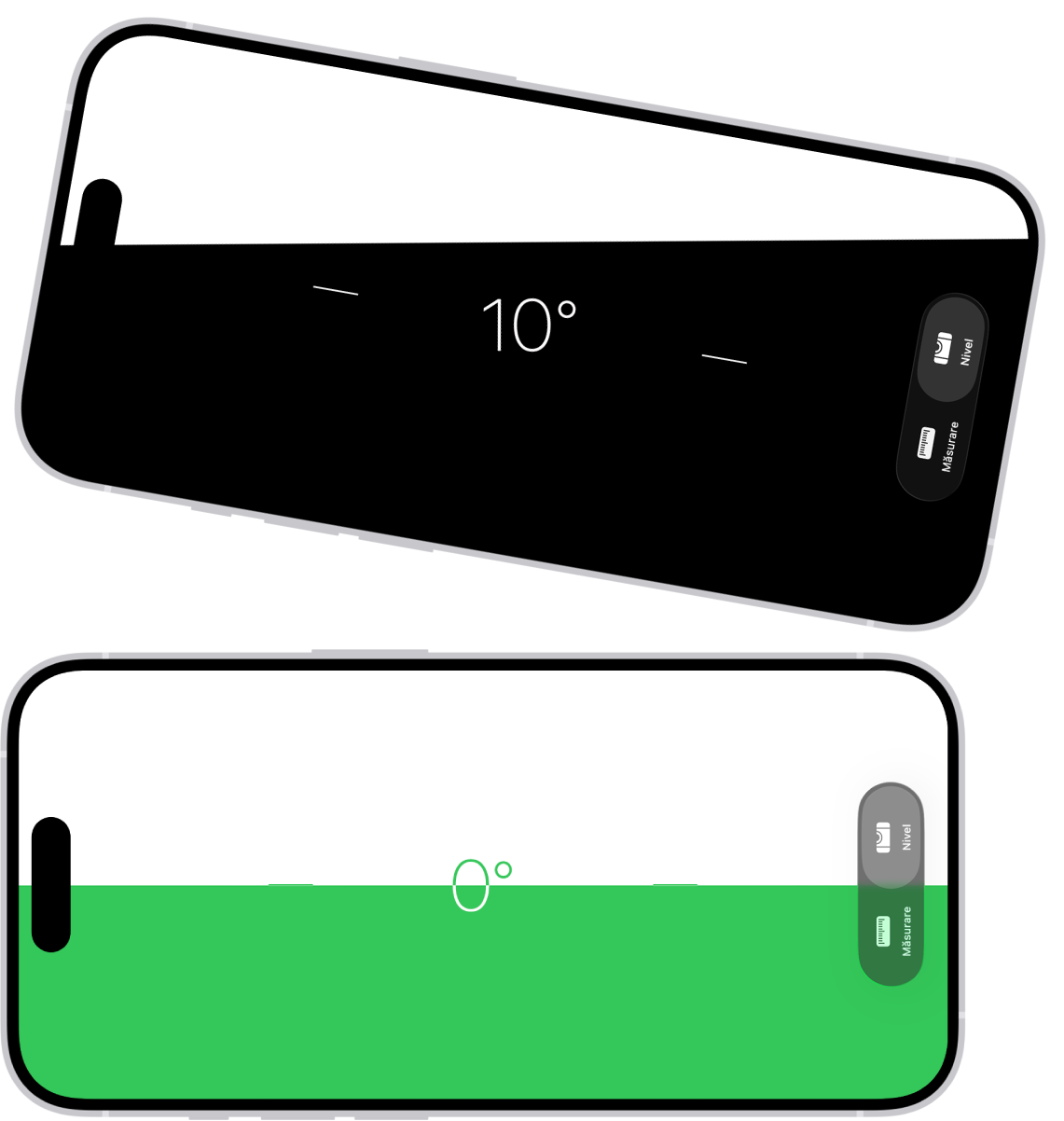 Ecranul nivelei din aplicația Măsurare. În partea de sus, iPhone-ul este înclinat la un unghi de 10 grade; în partea de jos, iPhone-ul este drept.