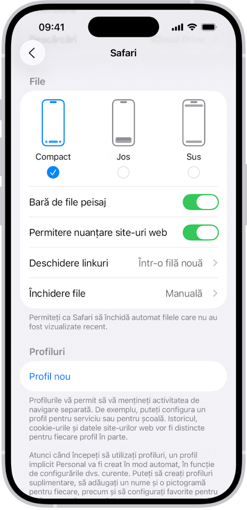Un ecran afișând trei opțiuni de aranjament Safari: Compact, Jos și Sus.