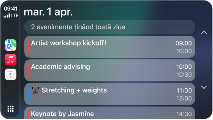 CarPlay afișând Hărți, Muzică și Calendar în bara laterală. În dreapta se află evenimente pentru luni, 5 iunie: sesiune de lucru pentru portofoliu, atelier pentru abilități de leadership, pregătire pentru prezentare și repetiție corală.