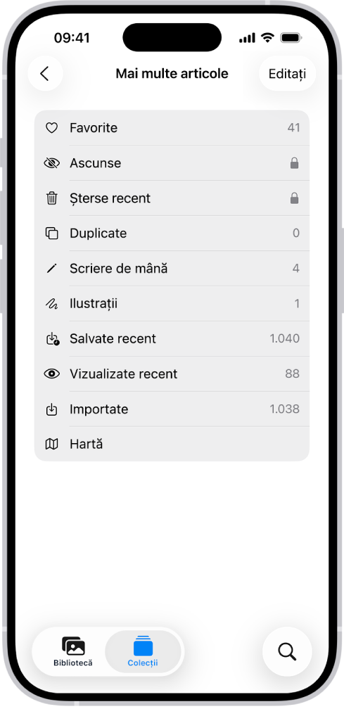În aplicația Poze, este deschisă colecția Mai multe articole, afișând o listă cu colecții de poze.
