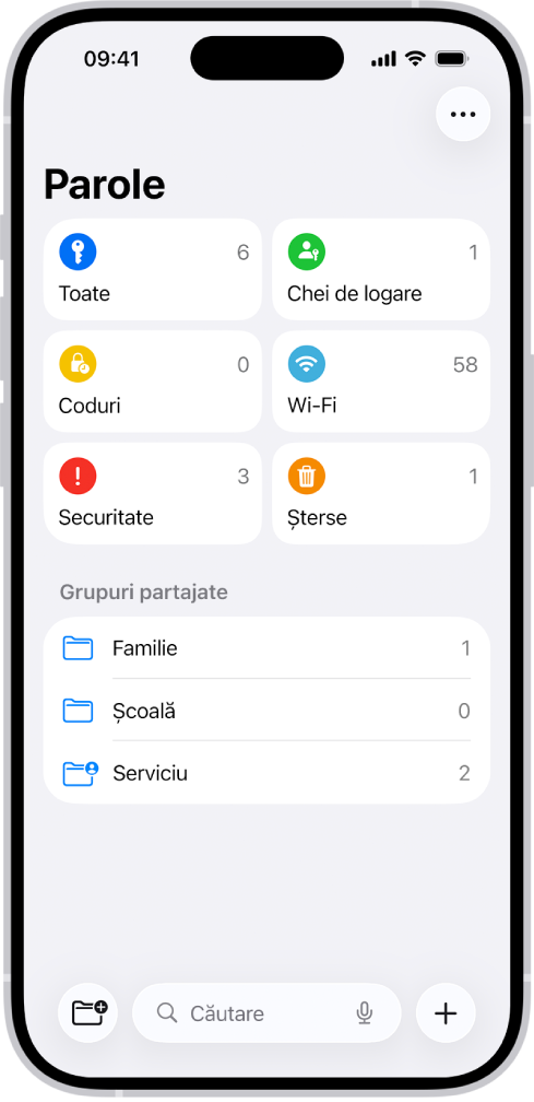 Ecranul principal pentru aplicația Parole, cu butoane pentru Toate, Chei de logare, Coduri de verificare, Wi-Fi, Securitate și Șterse, alături de o listă de Grupuri partajate.