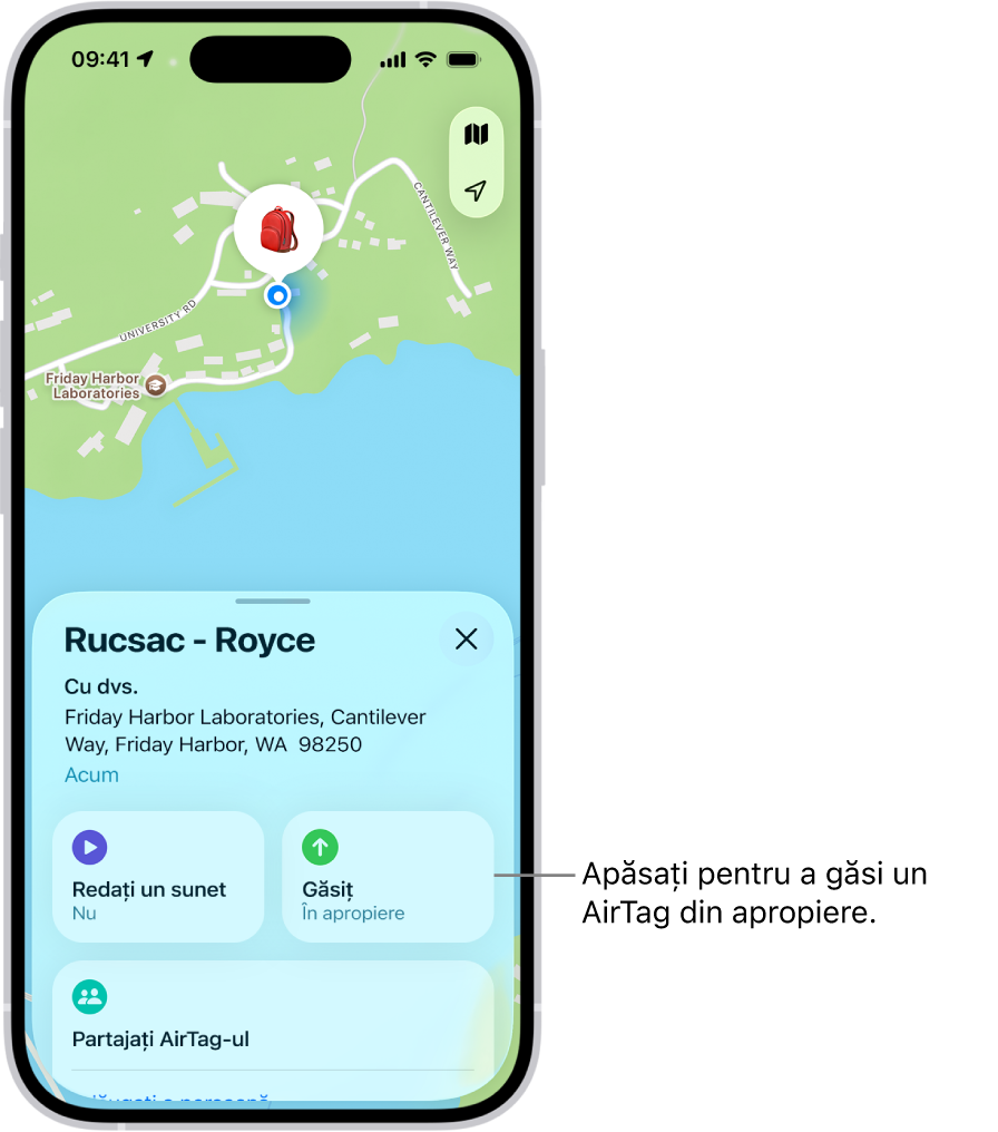 Aplicația Găsire este deschisă, afișând cheile lui Daniel în Golden Gate Park. Apăsați pe butonul Găsire pentru a localiza un AirTag din apropiere.