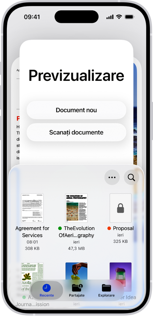 Browserul de documente în Previzualizare. În mijlocul ecranului se află butoanele Document nou, Scanați documente, Mai multe și Căutare. În partea de jos a ecranului se află butoanele Recente, Partajate și Explorați.