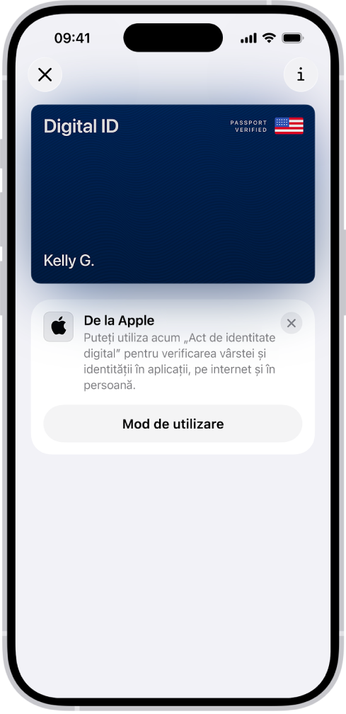 Un act de identitate digital în aplicația Portofel.